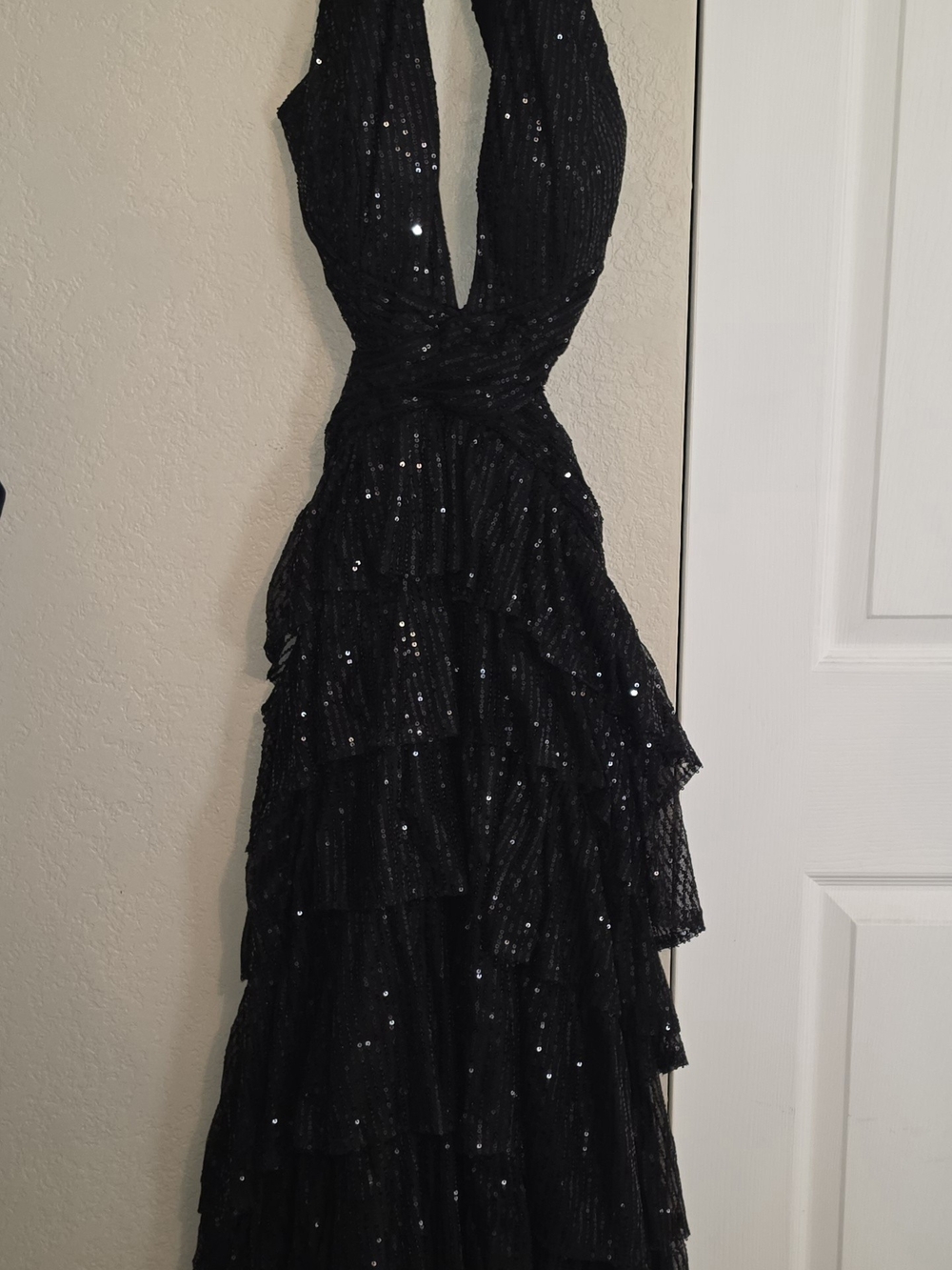 Black Sequin Halter Ruffle Evening Dress